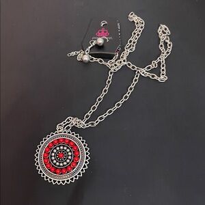 Paparazzi Silver Necklace with Red Accents with Earrings